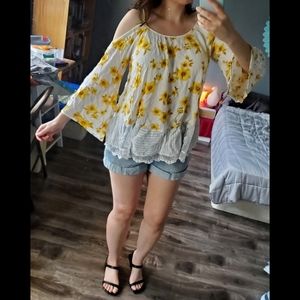 White Gauzy Bell Sleeve Top with Bright Yellow Floral Pattern and Lace detail